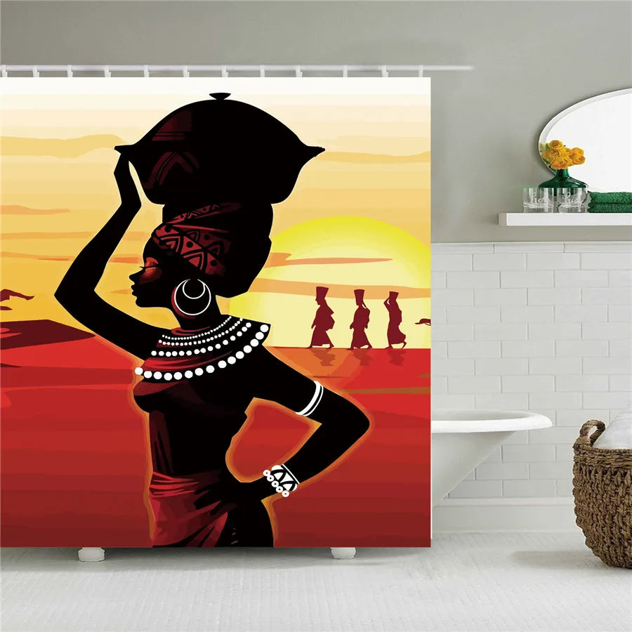 African American Girl Shower Curtain Art Afro Black Woman Bathroom Frabic Waterproof Polyester Bath Curtain with Hooks