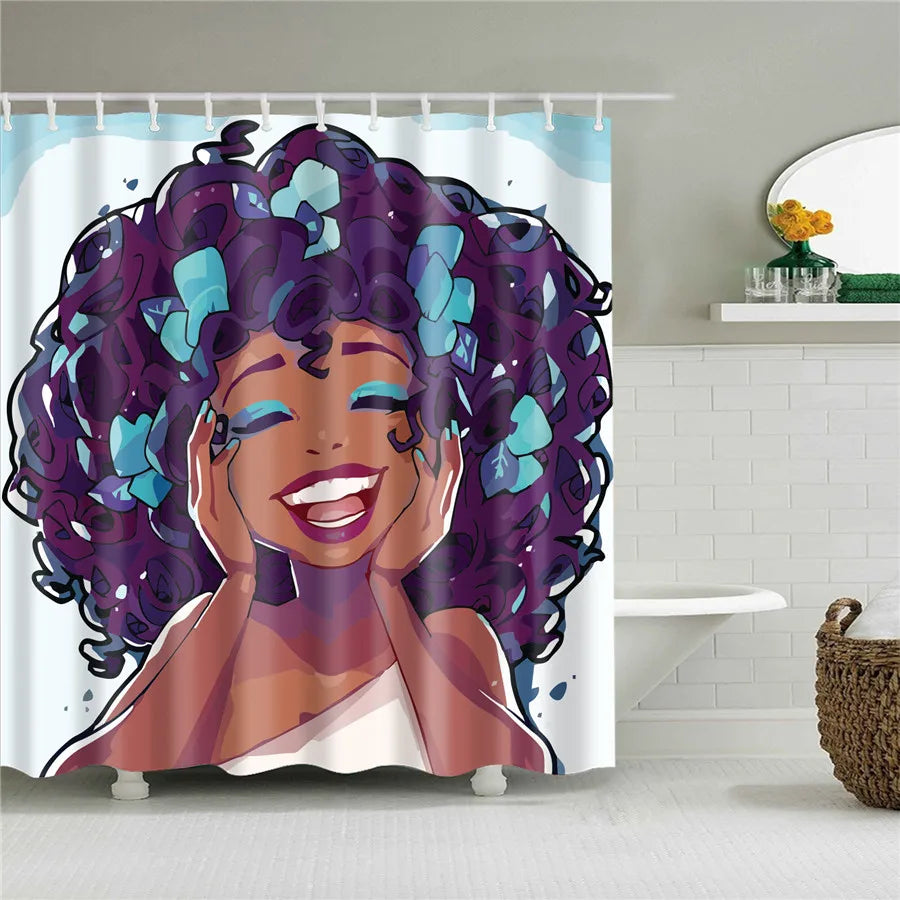 African American Girl Shower Curtain Art Afro Black Woman Bathroom Frabic Waterproof Polyester Bath Curtain with Hooks