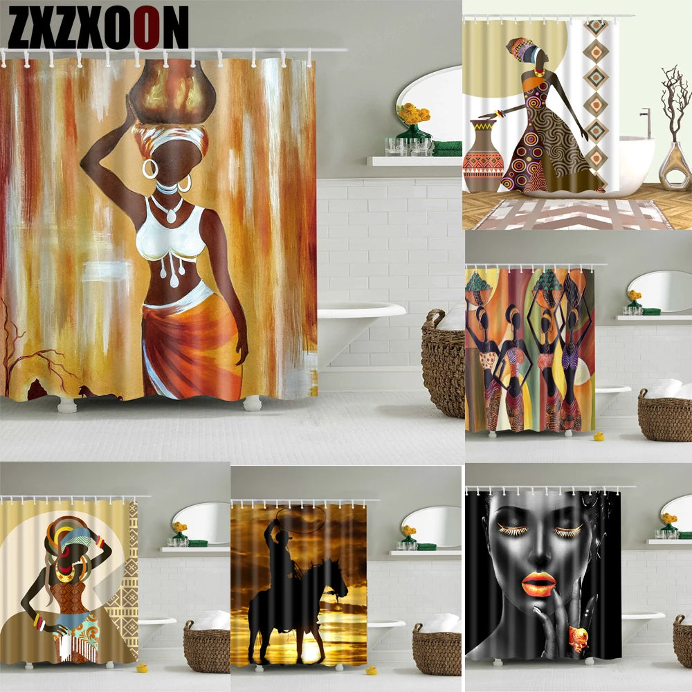 African American Girl Shower Curtain Art Afro Black Woman Bathroom Frabic Waterproof Polyester Bath Curtain with Hooks