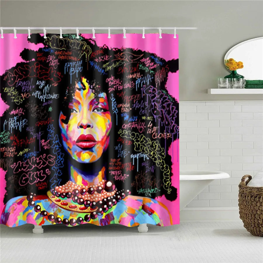 African American Girl Shower Curtain Art Afro Black Woman Bathroom Frabic Waterproof Polyester Bath Curtain with Hooks