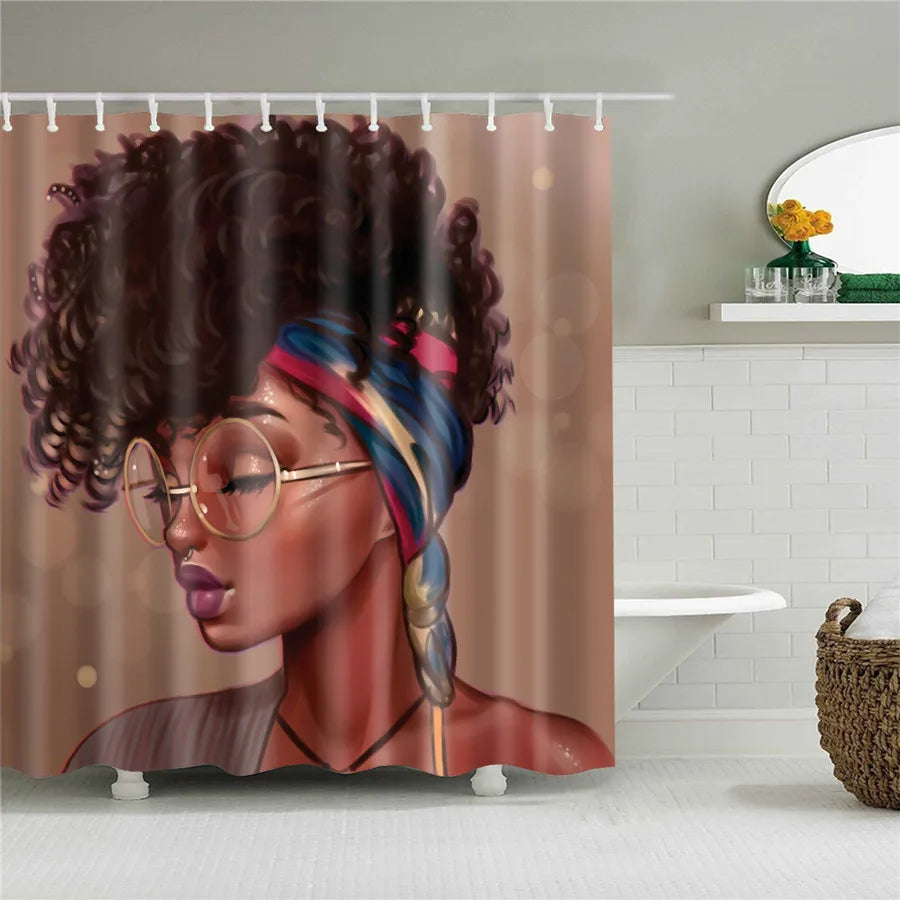 African American Girl Shower Curtain Art Afro Black Woman Bathroom Frabic Waterproof Polyester Bath Curtain with Hooks