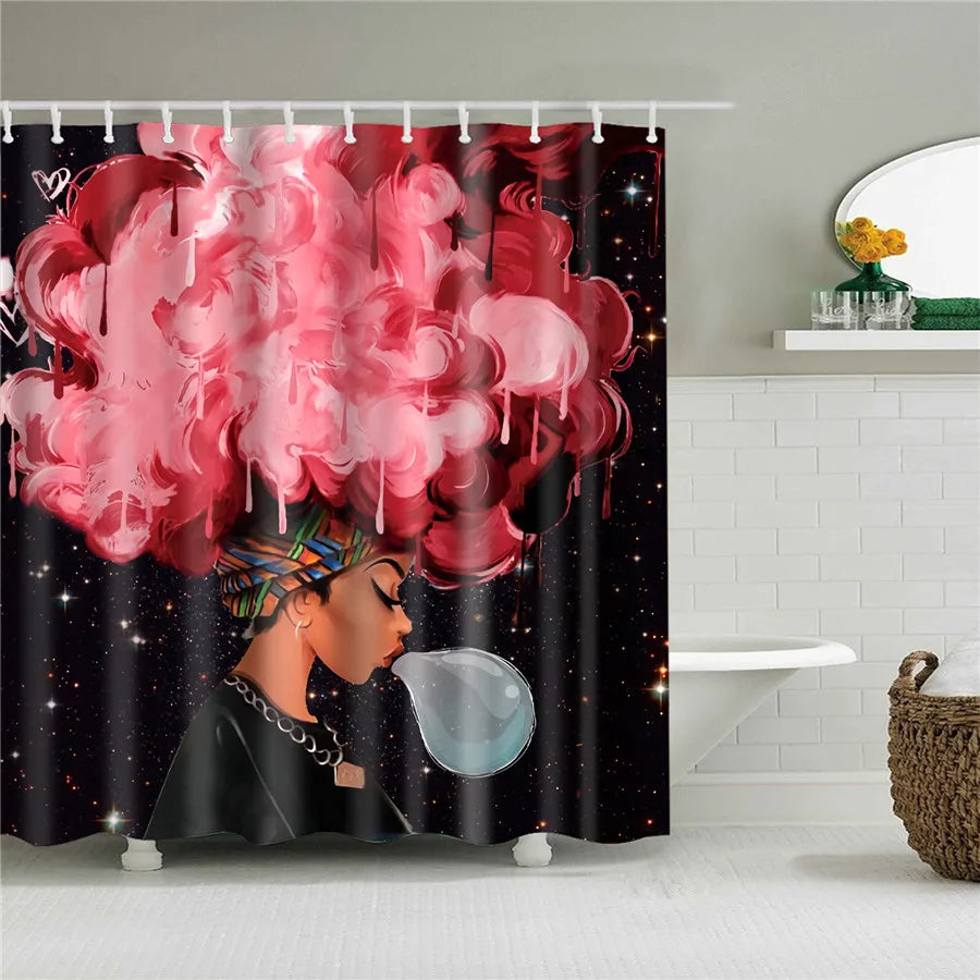 African American Girl Shower Curtain Art Afro Black Woman Bathroom Frabic Waterproof Polyester Bath Curtain with Hooks