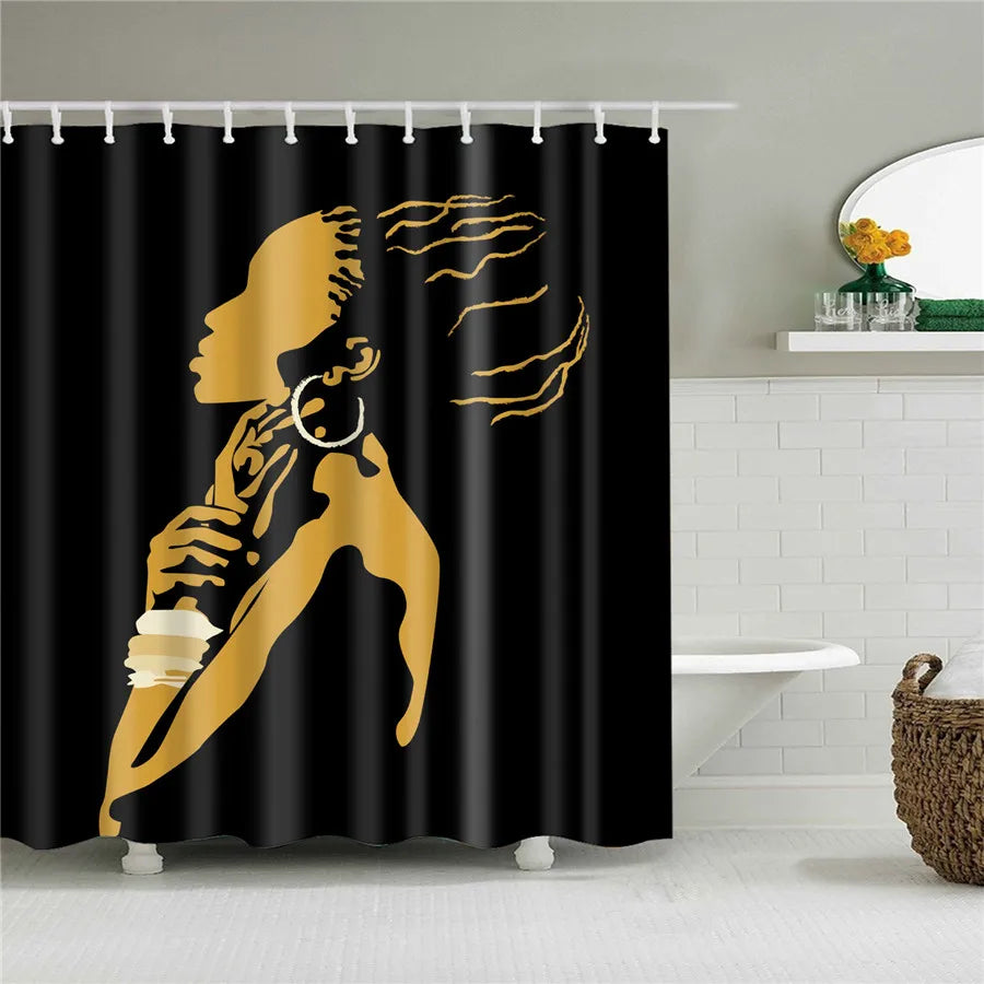 African American Girl Shower Curtain Art Afro Black Woman Bathroom Frabic Waterproof Polyester Bath Curtain with Hooks