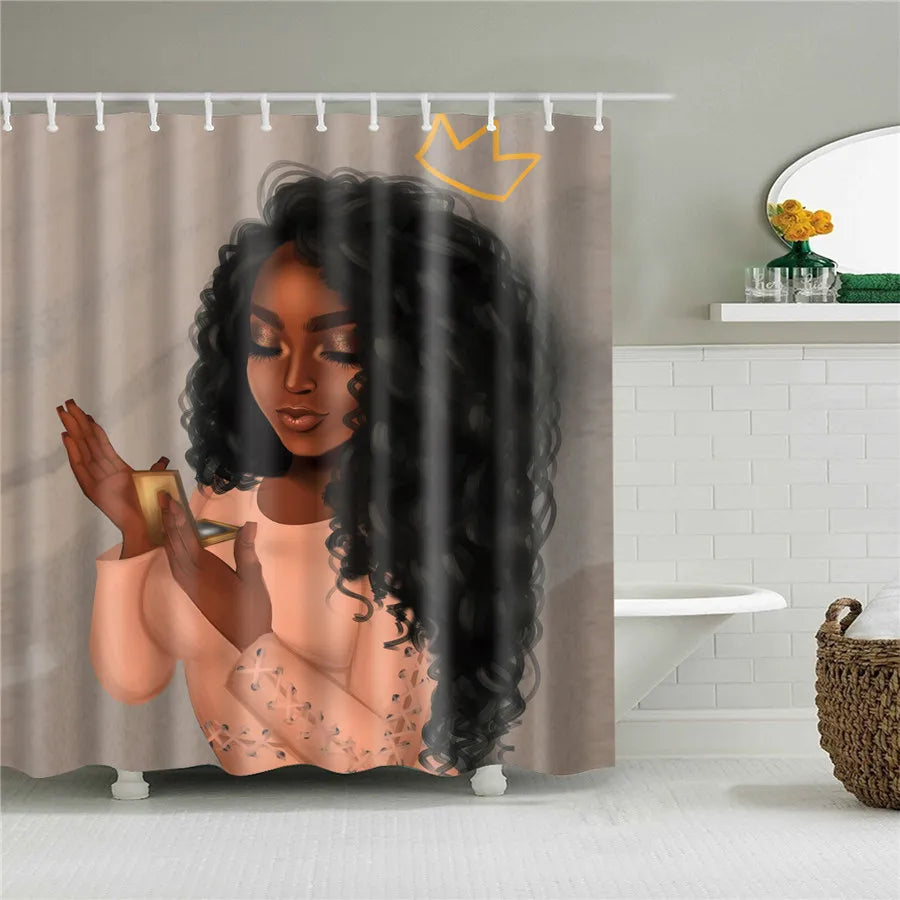 African American Girl Shower Curtain Art Afro Black Woman Bathroom Frabic Waterproof Polyester Bath Curtain with Hooks