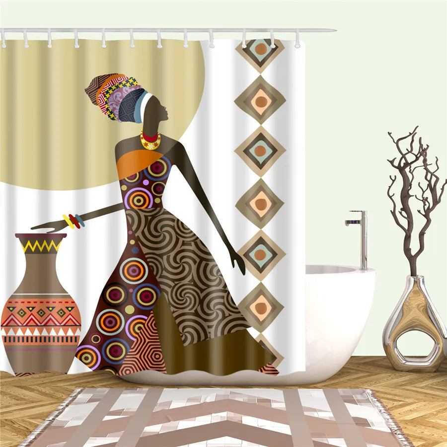 African American Girl Shower Curtain Art Afro Black Woman Bathroom Frabic Waterproof Polyester Bath Curtain with Hooks