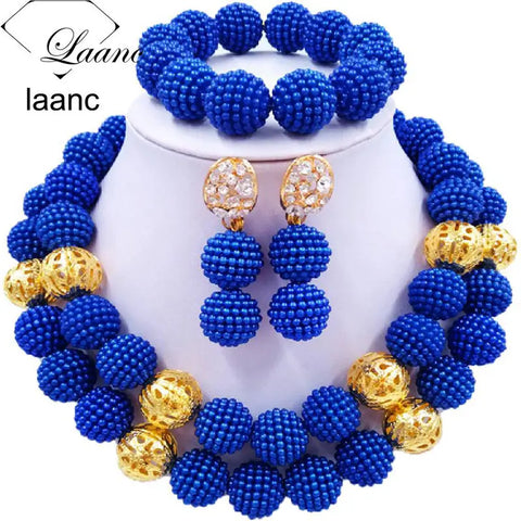 Laanc Nigerian Wedding African Beads Royal Blue Jewelry Set For Women SP2R002