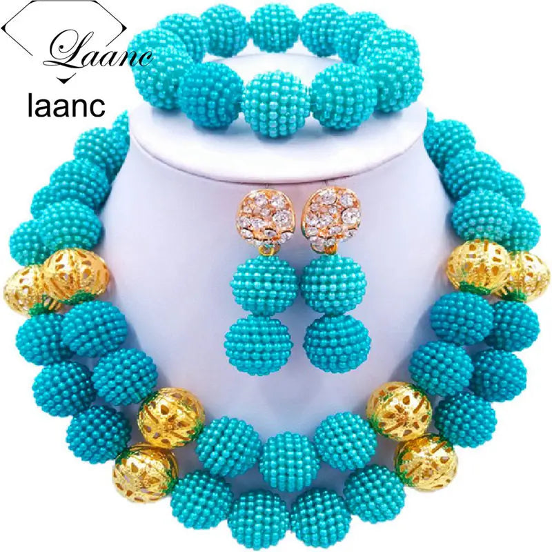 Laanc Nigerian Wedding African Beads Royal Blue Jewelry Set For Women SP2R002