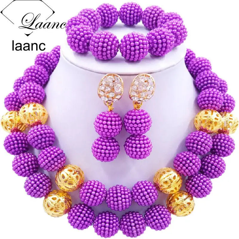 Laanc Nigerian Wedding African Beads Royal Blue Jewelry Set For Women SP2R002