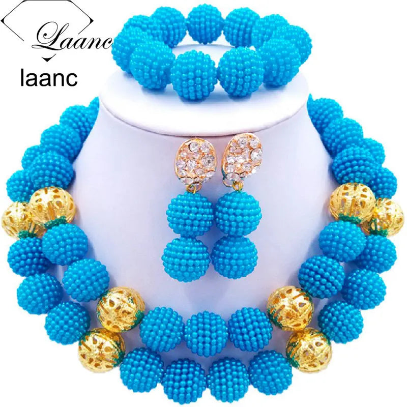 Laanc Nigerian Wedding African Beads Royal Blue Jewelry Set For Women SP2R002