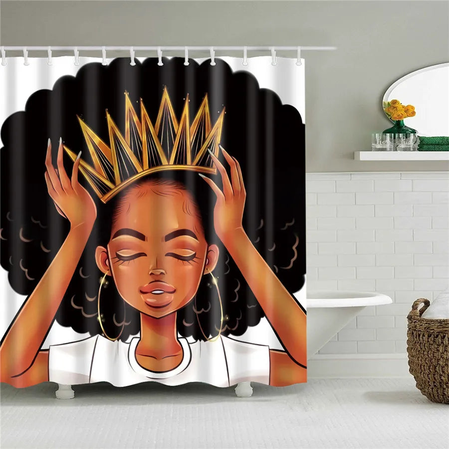 African American Girl Shower Curtain Art Afro Black Woman Bathroom Frabic Waterproof Polyester Bath Curtain with Hooks