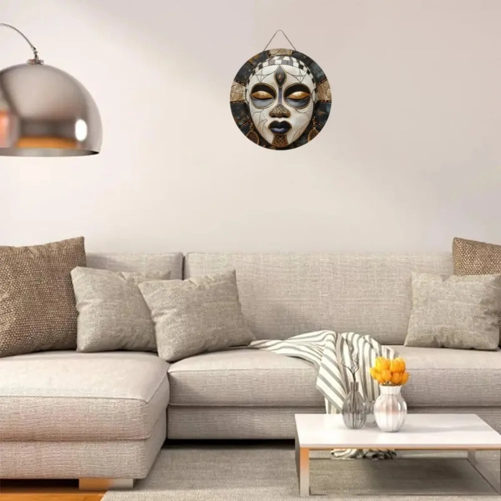 Unique African Mask Circular Wooden Sign with Artistic Design, Suitable for Home, Caf É, Bar, Office, Party Decoration, Gifts