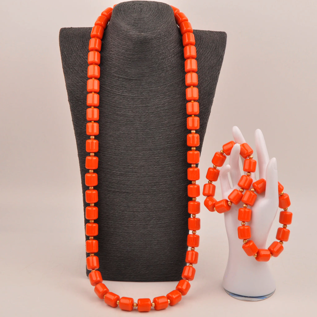 African Wedding Couple Set Orange Artificial Coral Beads Jewelry Set