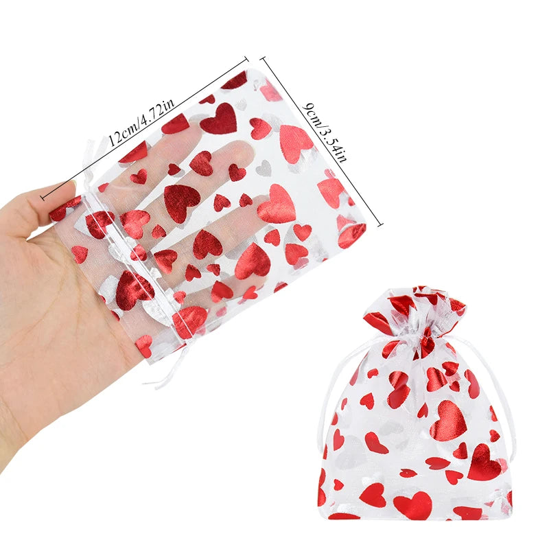 20pcs Red Love Heart Organza Bags Wedding Party Gift Candy Drawstring Bag Christmas Valentines Day Jewellery Pouches Display