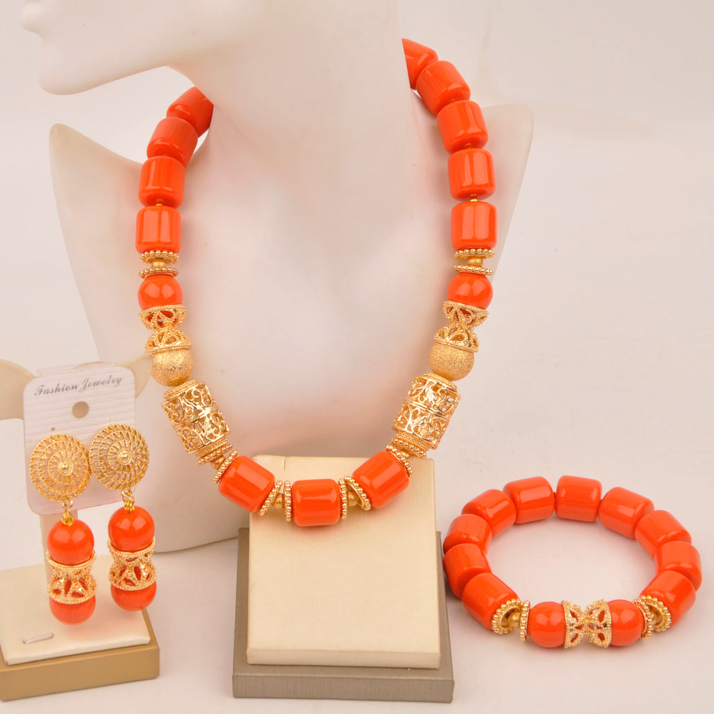 African Wedding Couple Set Orange Artificial Coral Beads Jewelry Set