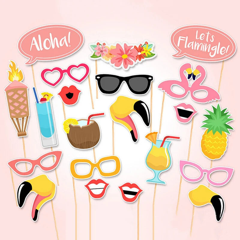 21pcs Flamingo Photo Booth Props Tropical Hawaiian Summer Hen Party Accessories