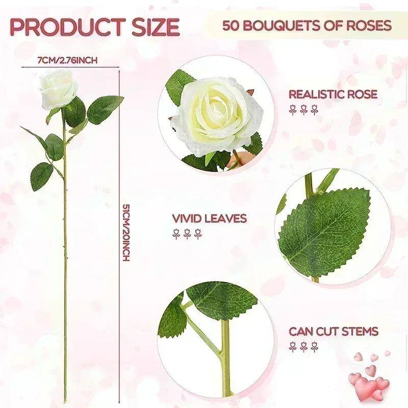 50 Pcs Artificial Rose Flower Silk Roses Bouquet Real Looking Fake Roses for Home Wedding Centerpieces Party Decorations