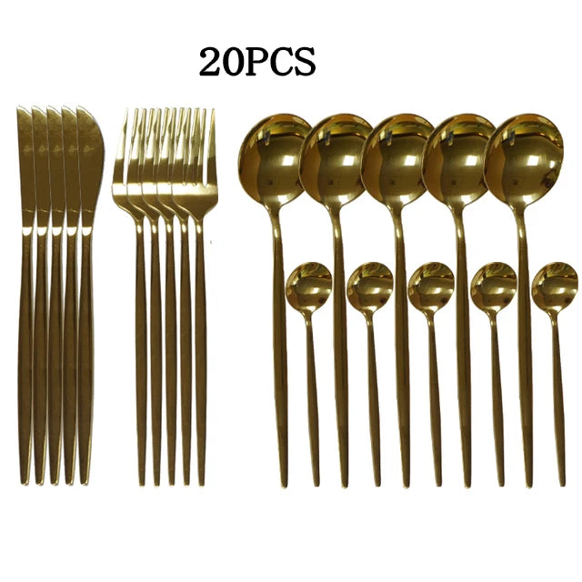 20pcs Gold Dinnerware Set Stainless Steel Cutlery Set Mirror Silverware Knife Fork Spoon Tableware Flatware Set Dishwasher Safe