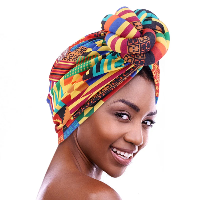 New Women African Print Large Flower Stretch Turban Headwrap Bonnet Hat Pre-Made Top Knot Head Wraps Wedding Party Headwear