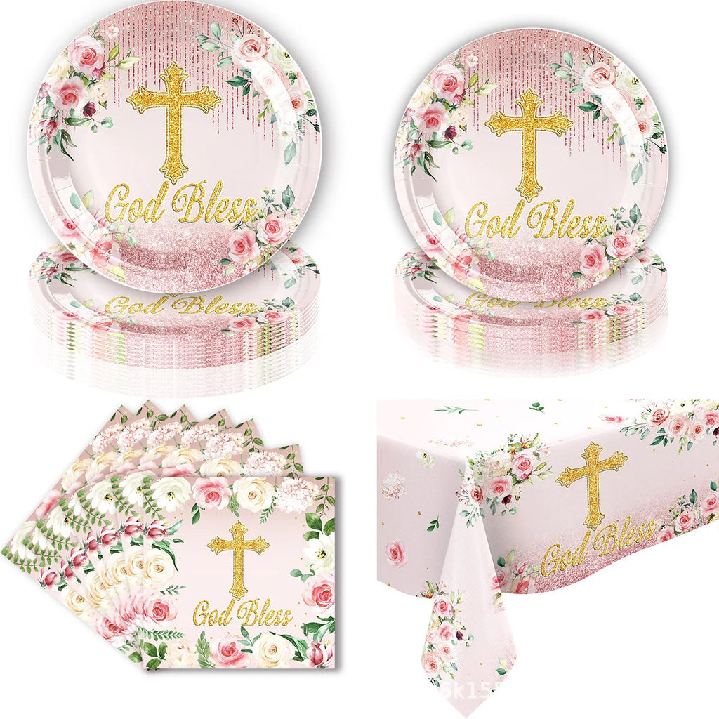 God Bless Pink Cross Flowers Newborn Baptism First Communion Flower Party Celebration Baby Shower Religious Tableware Supplies