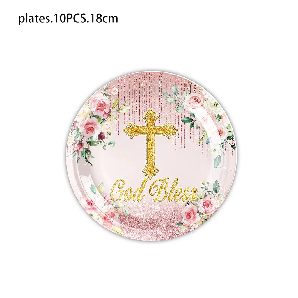 God Bless Pink Cross Flowers Newborn Baptism First Communion Flower Party Celebration Baby Shower Religious Tableware Supplies