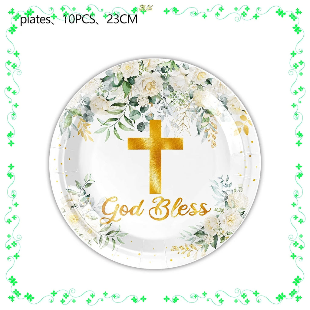 White Watercolor Green Leaf Cross Themed Baby Shower Party Tableware Set First Communion Party Decoration Supplies