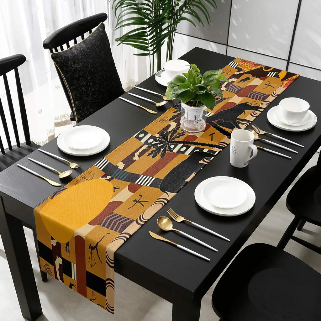 African Black Woman Rectangle Linen Table Runners Elephant and Giraffe Luxury Table Runners for Dining Table Wedding Party Decor