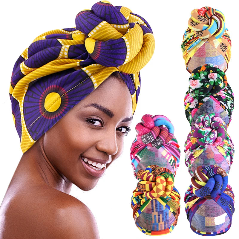 New Women African Print Large Flower Stretch Turban Headwrap Bonnet Hat Pre-Made Top Knot Head Wraps Wedding Party Headwear