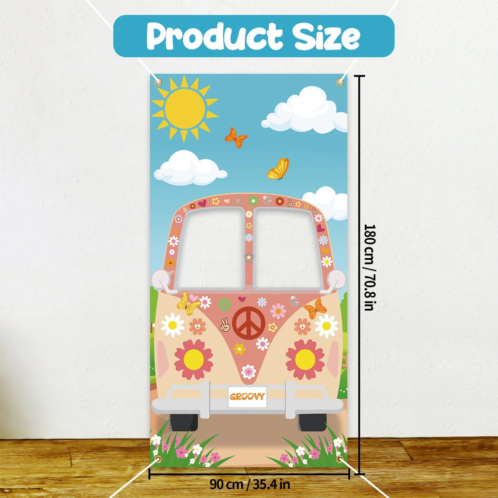 Large Funky Hippie Bus Photo Booth Props Banner - Retro Daisy Groovy Backdrop for Birthday Party Decoration