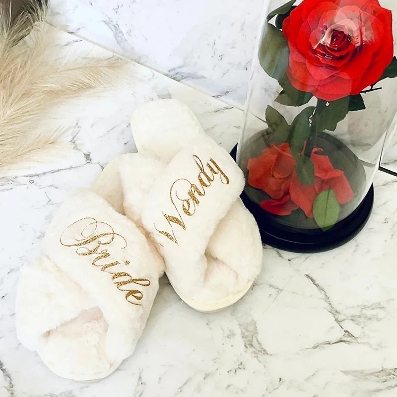 Custom Bride Fluffy Slippers Personalized Bridesmaid Proposal Bridal Shower Gift Wedding Bachelorette Party Spa Fuzzy Slippers