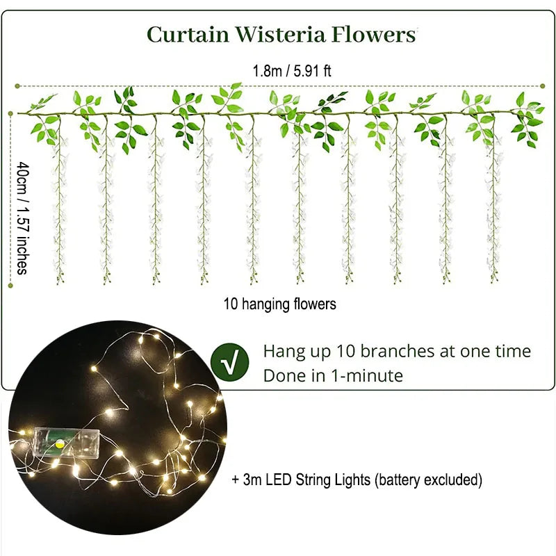 6ft Artificial Hanging Flower White Silk Wisteria Vine with Lights Garland for Aesthetic Bedroom Party Garden Home Decor Wedding