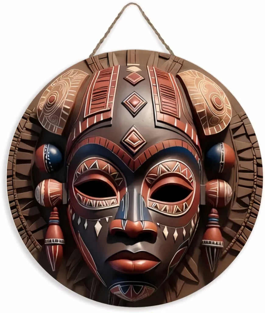 Unique African Mask Circular Wooden Sign with Artistic Design, Suitable for Home, Caf É, Bar, Office, Party Decoration, Gifts