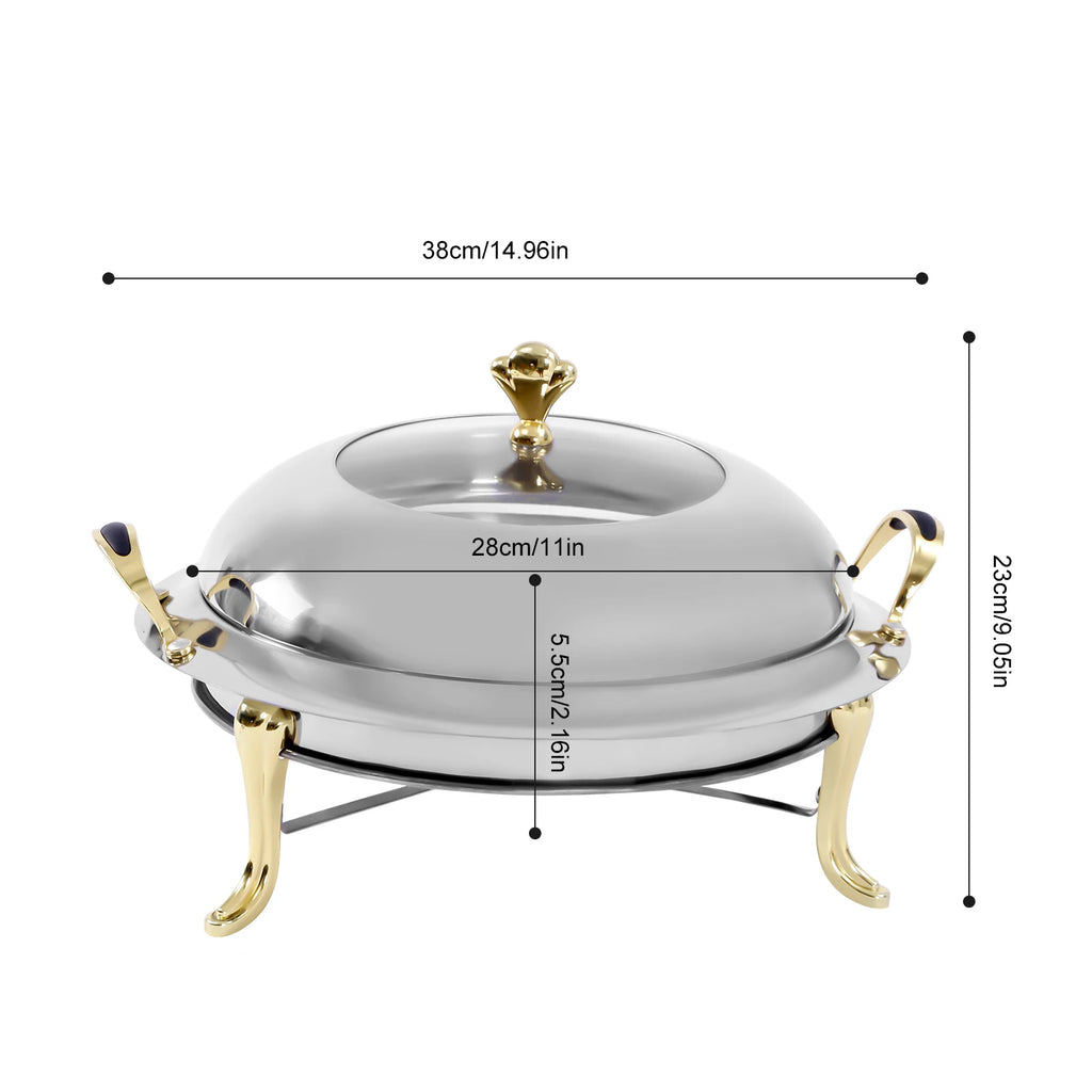 3L Stainless Steel Chafing Dish Round Durable Buffet Warmer Tray for Kitchen Party Dining Buffet-Without Water Pan