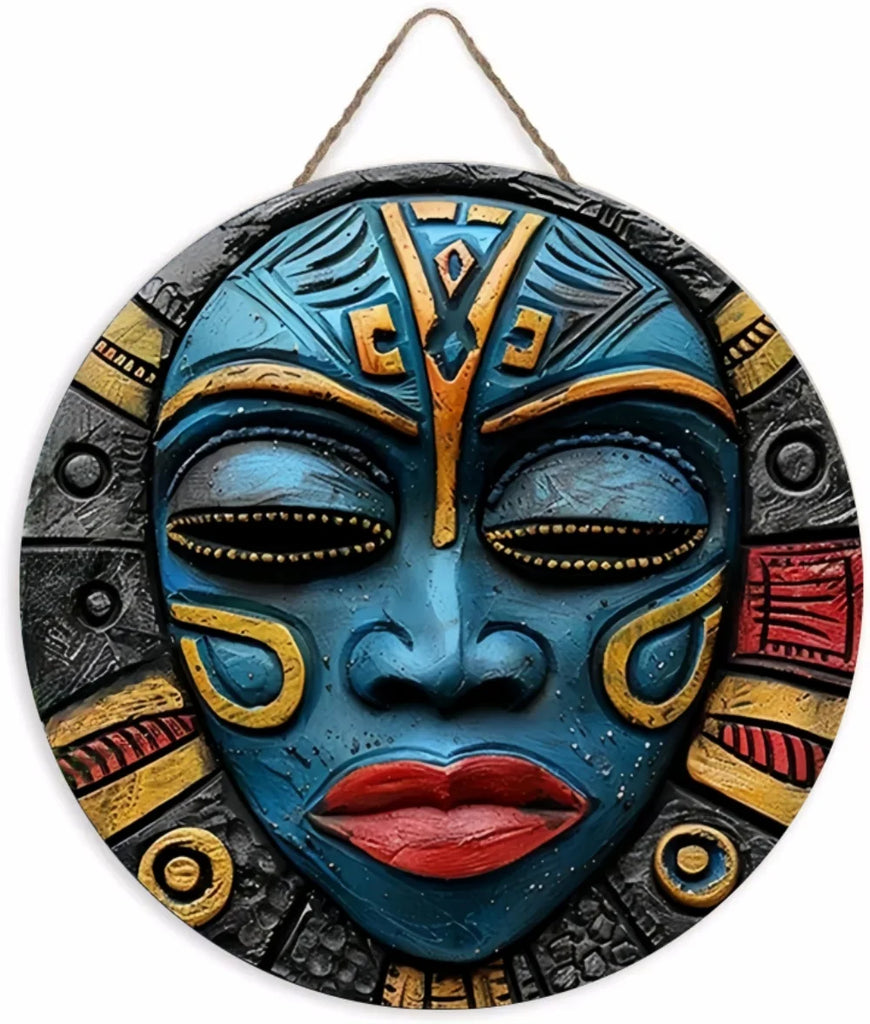 Unique African Mask Circular Wooden Sign with Artistic Design, Suitable for Home, Caf É, Bar, Office, Party Decoration, Gifts