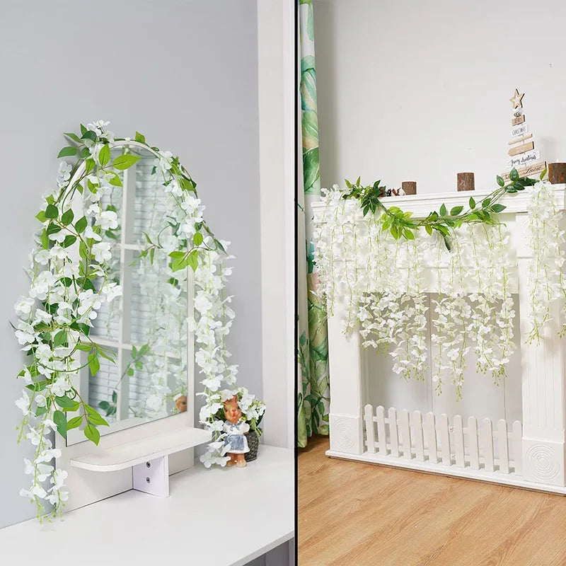 6ft Artificial Hanging Flower White Silk Wisteria Vine with Lights Garland for Aesthetic Bedroom Party Garden Home Decor Wedding