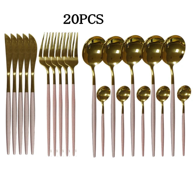 20pcs Gold Dinnerware Set Stainless Steel Cutlery Set Mirror Silverware Knife Fork Spoon Tableware Flatware Set Dishwasher Safe