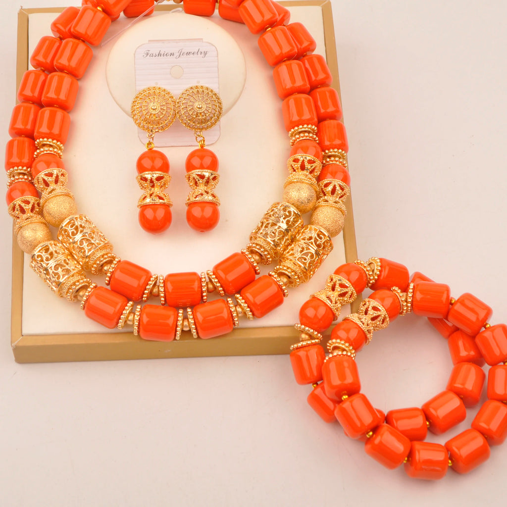 African Wedding Couple Set Orange Artificial Coral Beads Jewelry Set