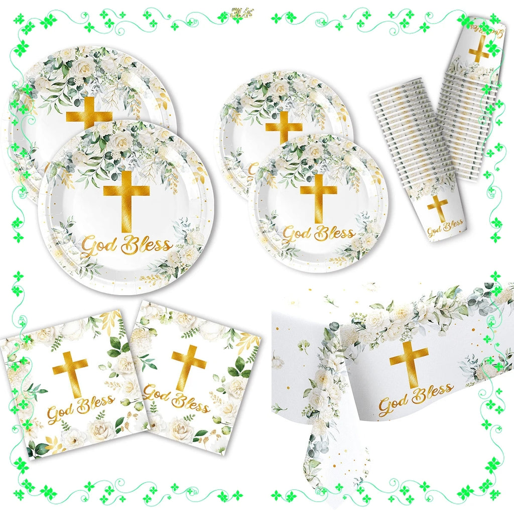 White Watercolor Green Leaf Cross Themed Baby Shower Party Tableware Set First Communion Party Decoration Supplies