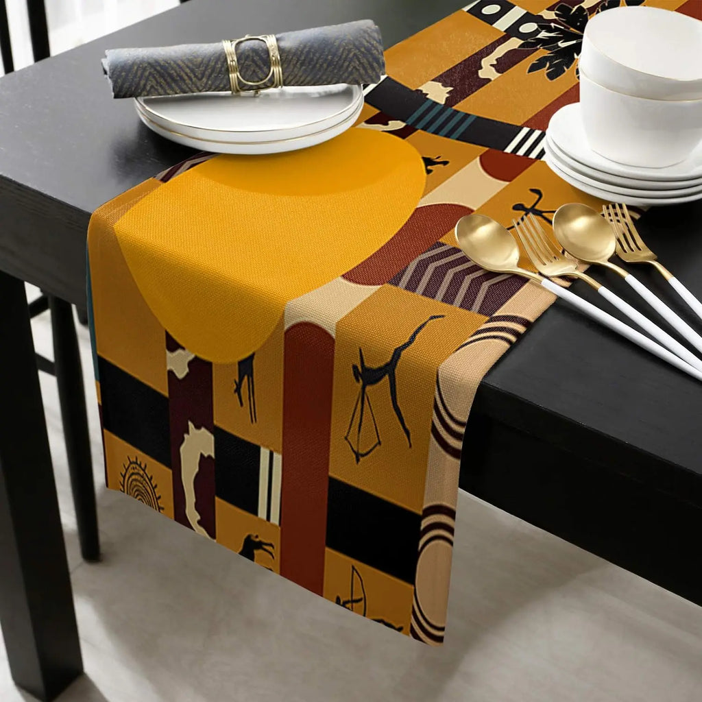 African Black Woman Rectangle Linen Table Runners Elephant and Giraffe Luxury Table Runners for Dining Table Wedding Party Decor