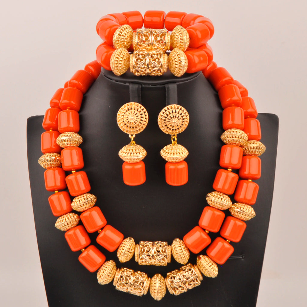 African Wedding Couple Set Orange Artificial Coral Beads Jewelry Set