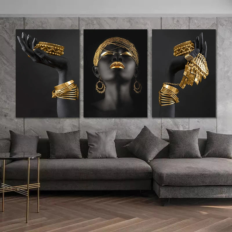 African Woman Wall Art Painting Posters And Print Big Black Woman Holding Gold Jewelry Canvas Picture For Living Room Home Decor