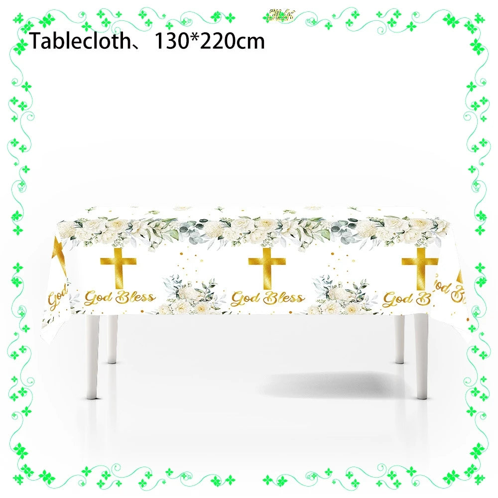 White Watercolor Green Leaf Cross Themed Baby Shower Party Tableware Set First Communion Party Decoration Supplies