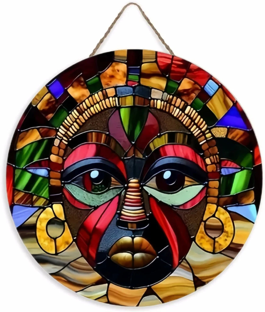 Unique African Mask Circular Wooden Sign with Artistic Design, Suitable for Home, Caf É, Bar, Office, Party Decoration, Gifts