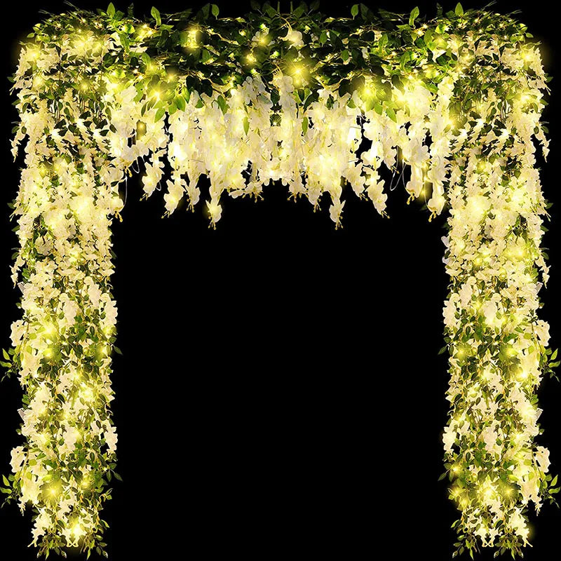 6ft Artificial Hanging Flower White Silk Wisteria Vine with Lights Garland for Aesthetic Bedroom Party Garden Home Decor Wedding