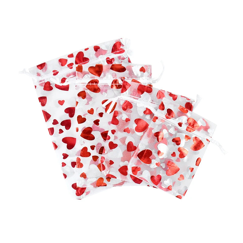 20pcs Red Love Heart Organza Bags Wedding Party Gift Candy Drawstring Bag Christmas Valentines Day Jewellery Pouches Display