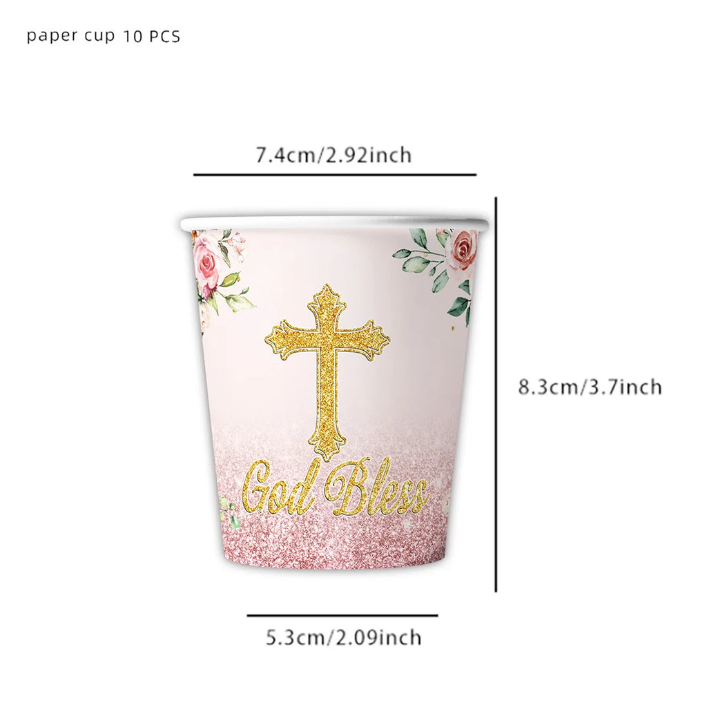 God Bless Pink Cross Flowers Newborn Baptism First Communion Flower Party Celebration Baby Shower Religious Tableware Supplies