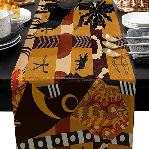 African Black Woman Rectangle Linen Table Runners Elephant and Giraffe Luxury Table Runners for Dining Table Wedding Party Decor