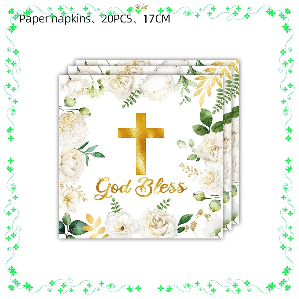 White Watercolor Green Leaf Cross Themed Baby Shower Party Tableware Set First Communion Party Decoration Supplies