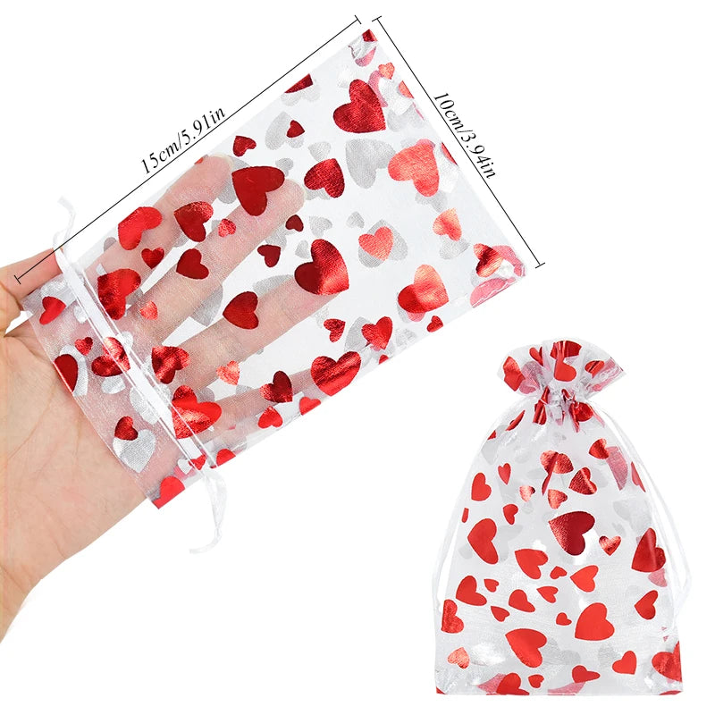 20pcs Red Love Heart Organza Bags Wedding Party Gift Candy Drawstring Bag Christmas Valentines Day Jewellery Pouches Display