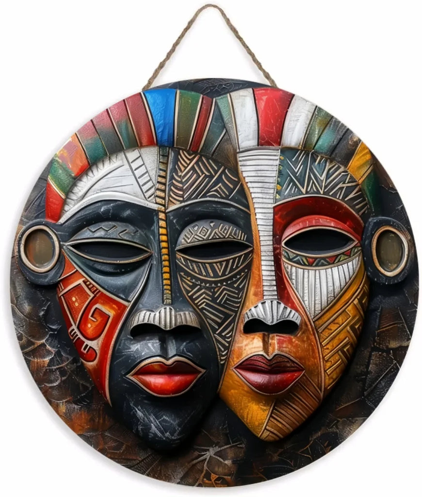 Unique African Mask Circular Wooden Sign with Artistic Design, Suitable for Home, Caf É, Bar, Office, Party Decoration, Gifts