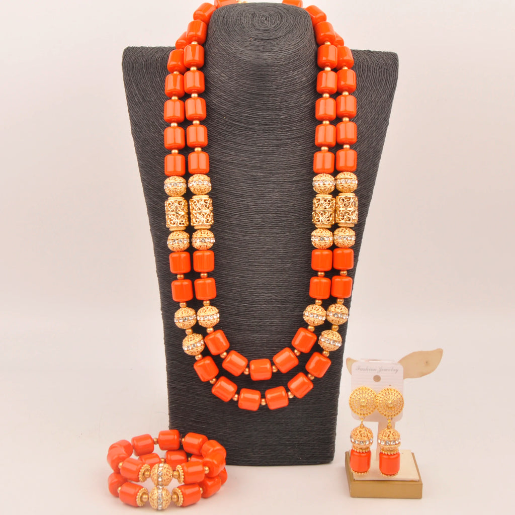 African Wedding Couple Set Orange Artificial Coral Beads Jewelry Set